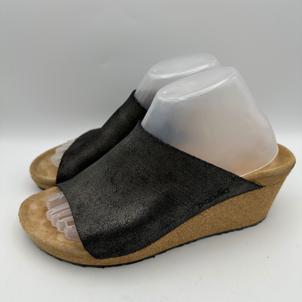 Papillio Wedge Sandals Womens 41 US 10 Black Metallic Leather Cork Slide Mules